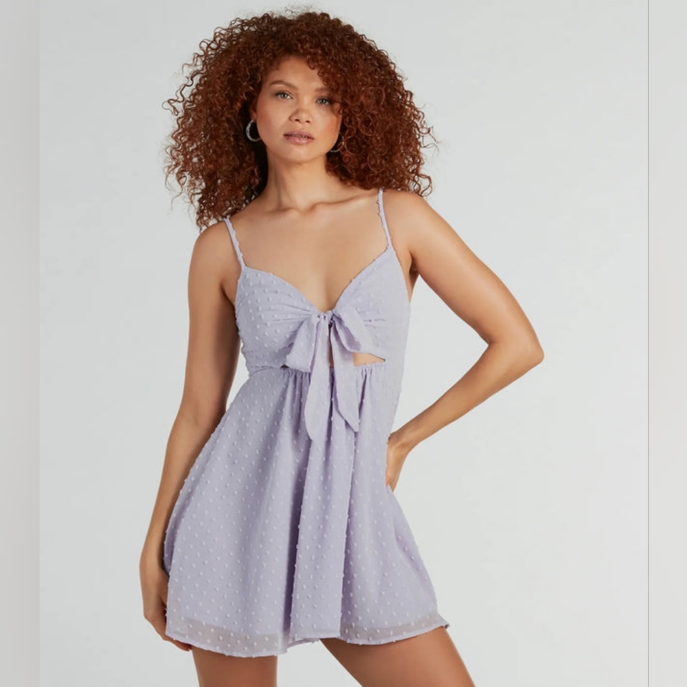 NWT Windsor Swiss Dot Chiffon Lavender Cut Out Babydoll Dress Women's Small